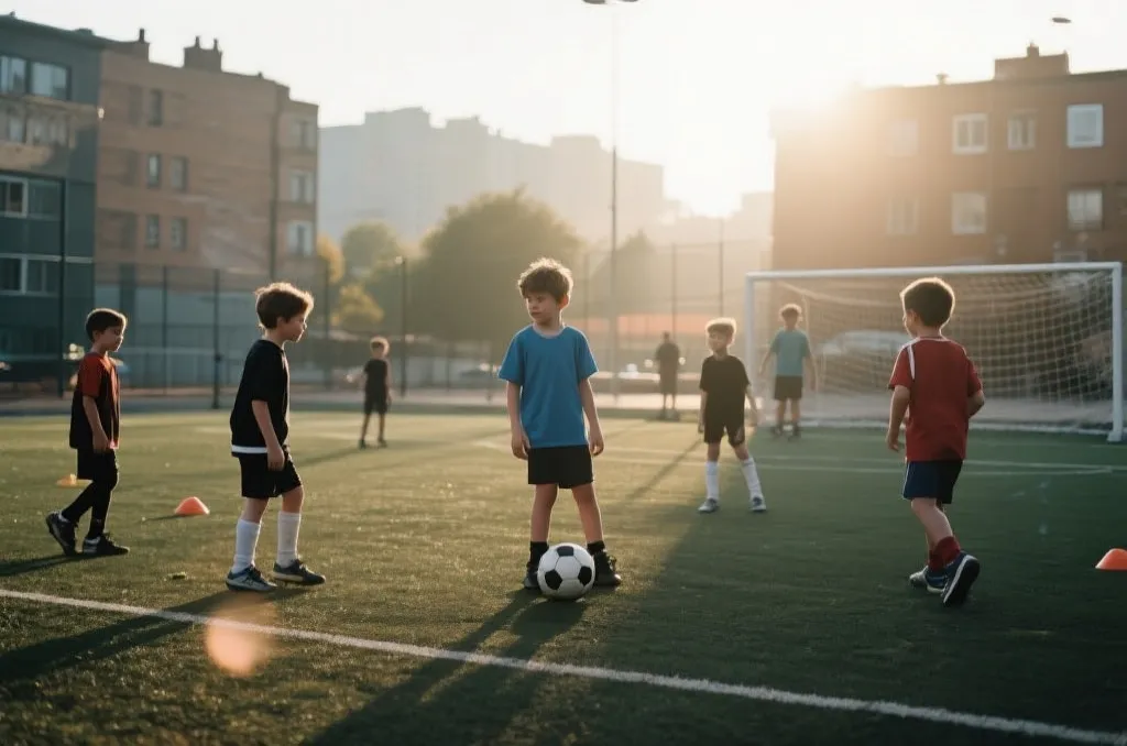 晨光下的青少年足球训练场景，展现希望与投入的画面