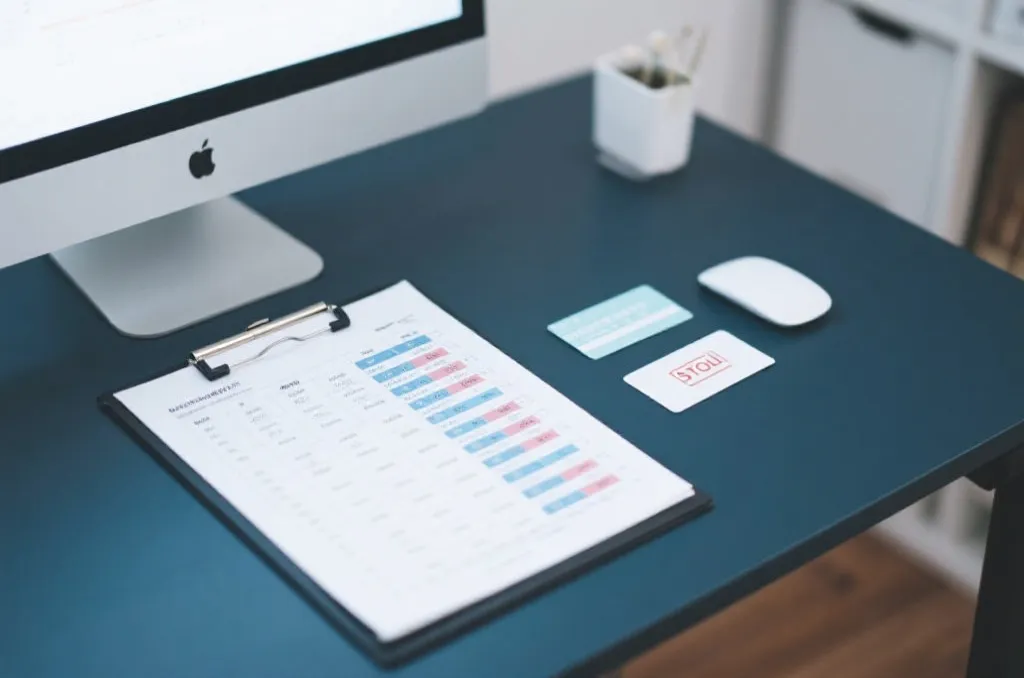 桌面上的预算表与止损卡，简洁清晰，帮助理性决策