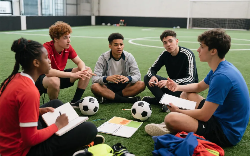 多文化年轻人围绕足球进行交流与协作的场景