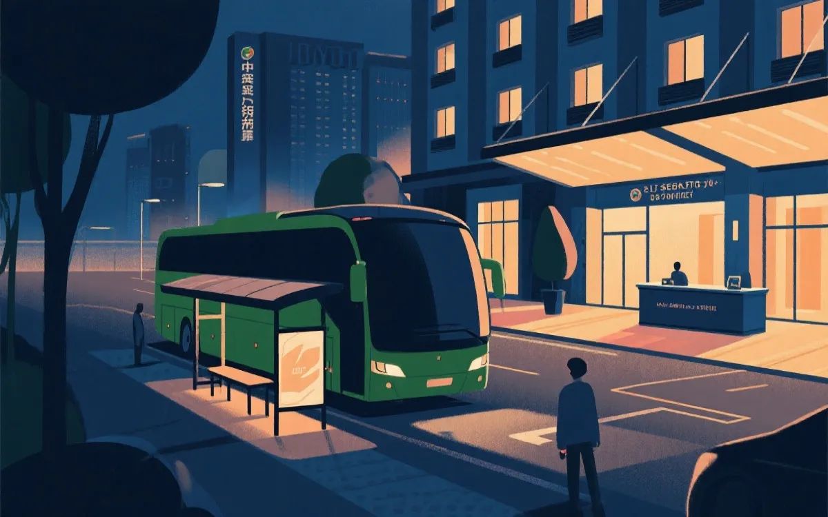 赛事日接驳与酒店办理动线概念插画