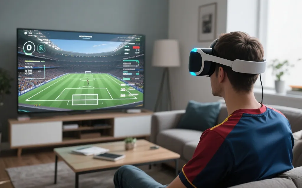 球迷使用VR/AR观看足球比赛：虚拟看台视角与数据叠加界面，现代客厅氛围